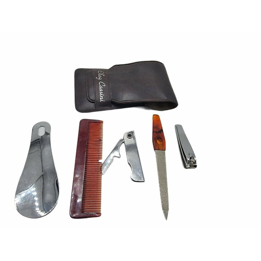 Vtg Oleg Cassini Brown Leather Fold Over Nail Grooming Kit Set Tools Vanity